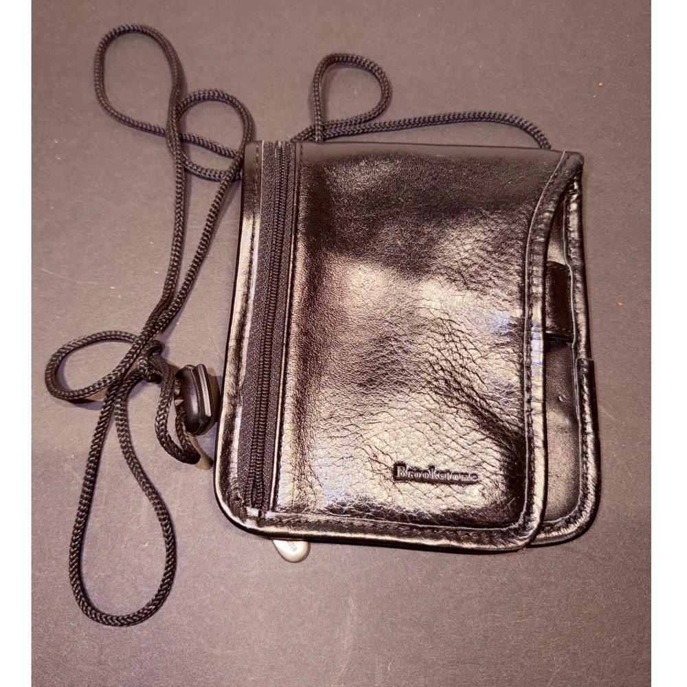 Brookstone Black Leather Travel Crossbody Neck Wallet Passport ID Organizer‎